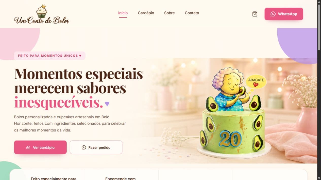 Página inicial da confeitaria Um Conto de Bolos