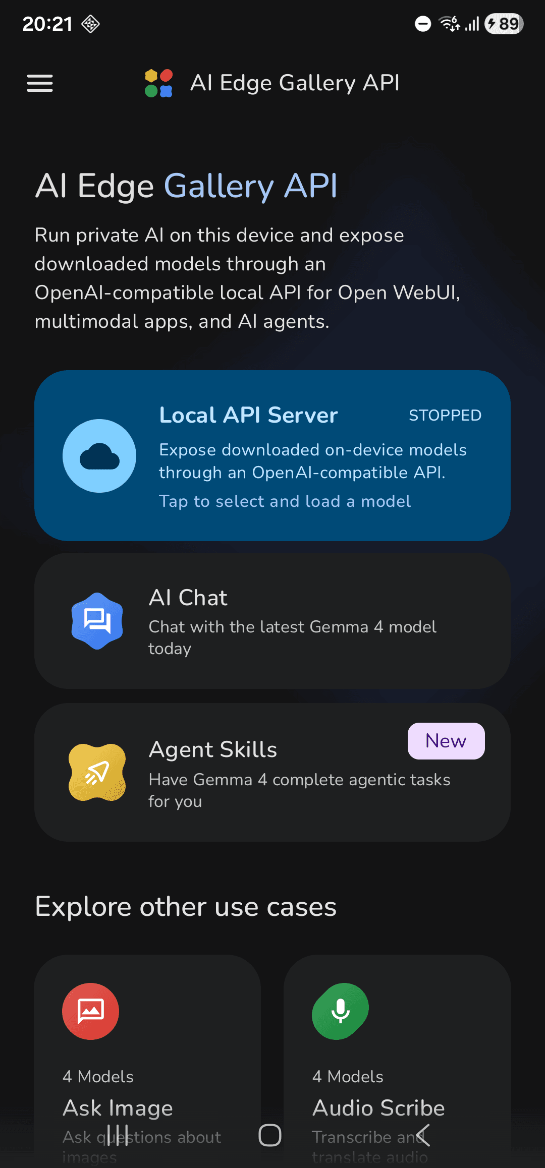 AI Edge Gallery API home screen