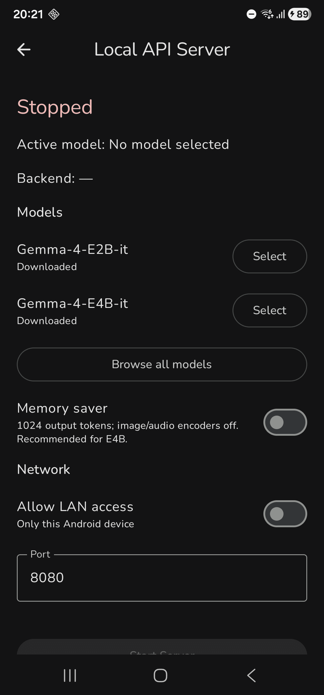 Local AI server settings